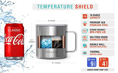 CHILLOUT LIFE Stainless Steel 16 oz Vacuum Insulated Coffee Mug with Handle and Lid, Large Thermal Camping Coffee Mug Cup with Durable Sliding Lid for Men & Women, Keeps your Beverages Hot & Cold - color: Stainless Steel, size: 16 Ounces