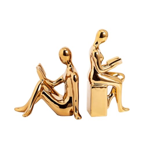 Reading Book Decorative Bookends, Ceramic Statue Book Ends, Modern Minimalist Electroplating Book Holders for Shelves, Bookshelf Bedroom Living Room Unique Bookend Decor(Gold) - color: Gold