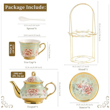20 Pieces Porcelain Tea Set With Metal Holder, European Ceramic tea set for adults,Flower Tea Set,Tea Set For Women With Flower Painting（Light Green） - color: Light Green