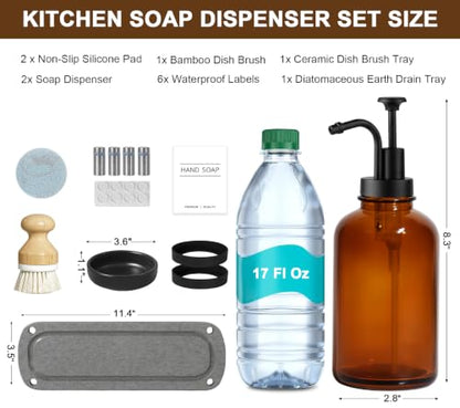 Kitchen Soap Dispenser, 16.9 oz/500 ml Amber Soap Dispenser, Hand and Dish Soap Dispenser Set, Dish Brush, Refillable, for Daily Kitchen Cleaning
