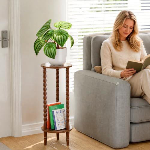 30" Tall Plant Stand Indoor, Round Rubber Wood Corner Plant Shelf Holder | Easy to Assembly, Minimalist Style, Unrestricted Flat Round Shelves, For Display Plants, Photos & Decor, Living Room, Bedroom