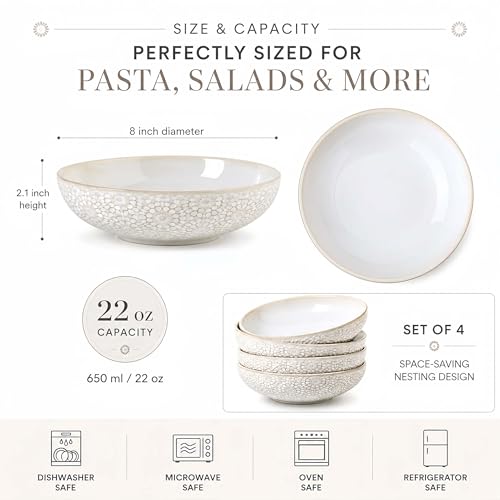 8" Ceramic Pasta Bowls, 22 Oz Serving Bowls Set of 4, Porcelain Shallow Soup Bowl, Embossed Serving Dishes for Pasta, Fruit, Salad, Housewarming Gift, Dishwasher Safe - color: Floral 4