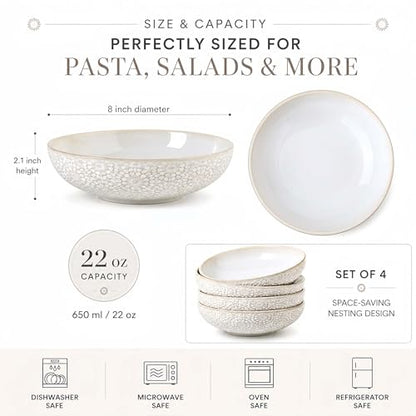 8" Ceramic Pasta Bowls, 22 Oz Serving Bowls Set of 4, Porcelain Shallow Soup Bowl, Embossed Serving Dishes for Pasta, Fruit, Salad, Housewarming Gift, Dishwasher Safe - color: Floral 4