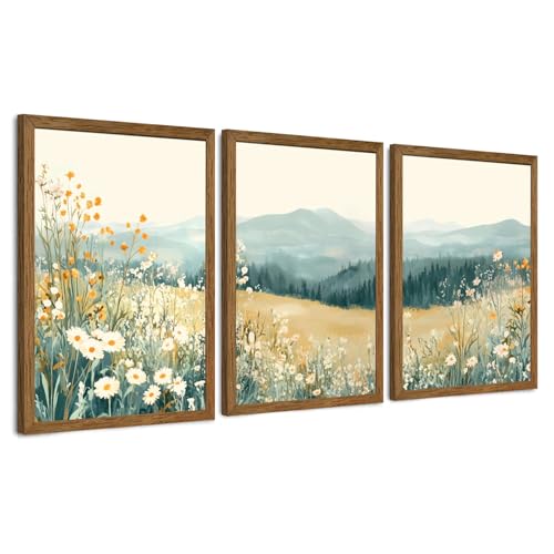AVECCO 3 Pieces Wildflower Meadow Mountain Framed Canvas Wall Art 16x24 in | UV Fade-Resistant Ink, Giclee Print, Wooden Frame, Triptych Floral Landscape, Ready to Hang, Living Room Bedroom Decor - color: Mountain flowers, size: 24"L x 16"W