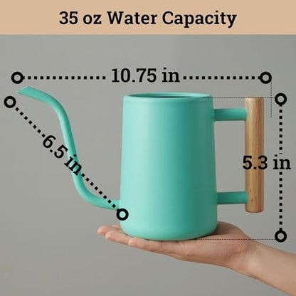 Metal Small Indoor Watering Can with Long Spout & Real Wood Handle, 35oz | Long Spout, Stainless Steel, Real Wood Handle, Gentle Flow, No Spills, Suitable for House Plants, Succulents & Seedlings - color: Mint Green