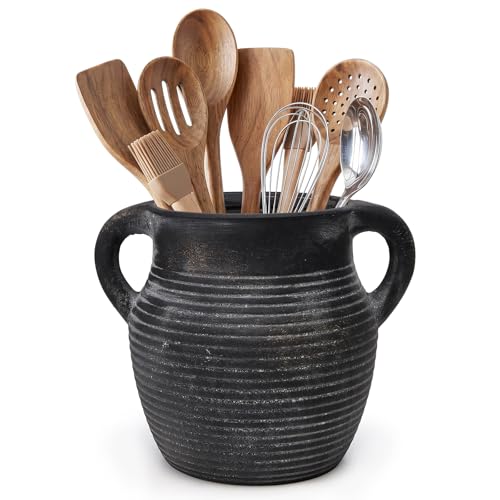 Rustic Utensil Holder for Kitchen Counter - Large Ceramic Farmhouse Cooking Utensil Crock & Organizer for Spatula, Spoon-Vintage Kitchen Decor (Charcoal) - color: Charcoal