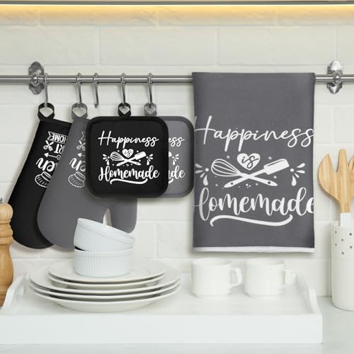 Sratte 12 Pcs Farmhouse Kitchen Decor and Accessories Sets 4 Black and Grey Kitchen Towels 4 Pot Holders 4 Oven Mitts Gloves for Home Rustic Decor Baking Cooking Supply