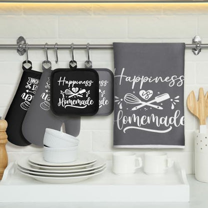 Sratte 12 Pcs Farmhouse Kitchen Decor and Accessories Sets 4 Black and Grey Kitchen Towels 4 Pot Holders 4 Oven Mitts Gloves for Home Rustic Decor Baking Cooking Supply