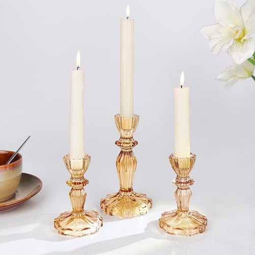 Glass Candlestick Holders Set of 3, Amber Stripe Taper Candle Holders for Table Centerpiece, Home Decorations, Wedding and Party - color: Amber