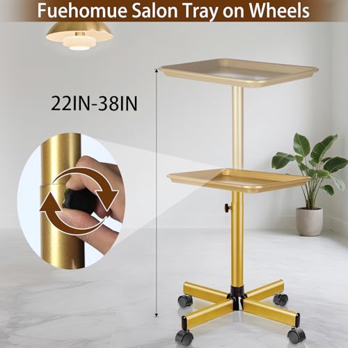 Salon Tray on Wheels, Rolling Tray with Adjustable Height, Metal Feet Salon Service Tray, Ideal Use As Tattoo Tray＆Dental Tray - color: Gold