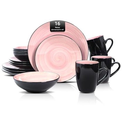 HomeVss, Sonoma Stoneware 16pc Dinnerware Set, Outside Black + Inside Hand Painting Rose - color: Rose