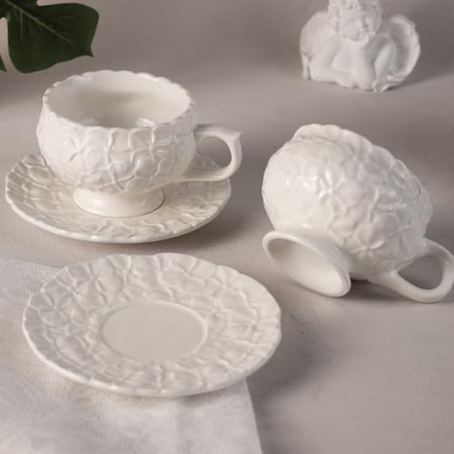 KAMMAK Tea Cups and Saucers Set of 2, 8.5 oz Porcelain Coffee Cups, 560N | Stackable Espresso Mugs, Ceramic Demitasse for Coffee, Cappuccino, Latte, Americano, Tea - size: 7KPSP560N
