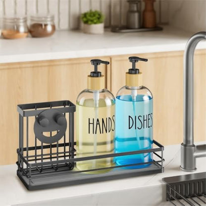 Moforoco Kitchen Dish Soap Dispenser Set, 16OZ Glass Bottle, Hand and Dish Soap Dispenser Set, Instant Dry Tray, Brush Holder with Smiley Face Sponge Holder (Black Tray+Clear Bottle) - color: Black Tray+clear Bottle