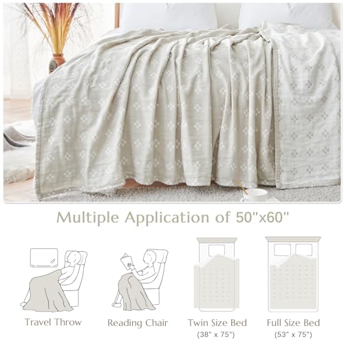 jinchan 100% Cotton Muslin Blanket Twin Boho Throw Blanket 50x60 Oatmeal | 3-Layer, Geometric Cross Quilt, Cooling Breathable Lightweight, for Adult, Soft, Reversible, Summer, Couch, Sofa, Bedroom - color: B. Cross Grey, size: 50"x60"