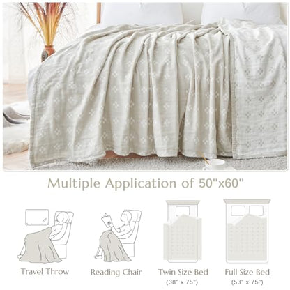 jinchan 100% Cotton Muslin Blanket Twin Boho Throw Blanket 50x60 Oatmeal | 3-Layer, Geometric Cross Quilt, Cooling Breathable Lightweight, for Adult, Soft, Reversible, Summer, Couch, Sofa, Bedroom - color: B. Cross Grey, size: 50"x60"