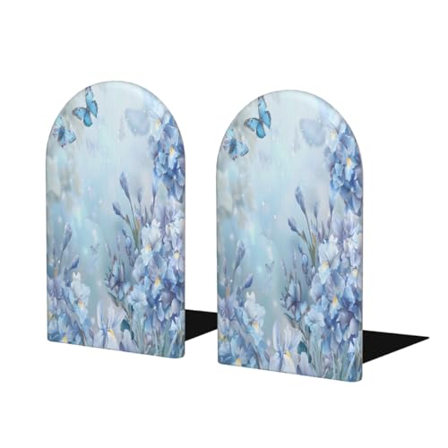 Blue Flower Butterfly Floral 2Pcs Book Ends for Shelves Non-Skid Wood Bookends Decorative Back to School Books Holders Book Stoppers Bookshelf Accessories for Desk Home Office School Decor (1 Pair) - color: Blue Flower Butterfly Floral
