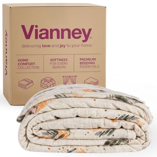 Vianney Feathers Queen Size Lightweight Fleece Blanket Cream with Grey and Coral Feather Pattern Soft Cozy Throw for Couch or Bed Year-Round Comfort - color: Cream, size: Full / Double