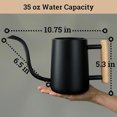 Metal Small Indoor Watering Can with Long Spout & Real Wood Handle, 35oz | Long Spout, Stainless Steel, Real Wood Handle, Gentle Flow, No Spills, Suitable for House Plants, Succulents & Seedlings - color: Black