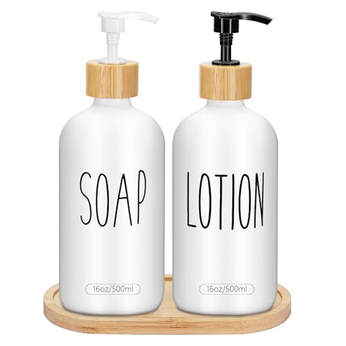 2 Pack 16 Oz Glass Soap Dispenser Set with Tray, Hand Dish Soap Dispenser Set for Bathroom and Kitchen Bottle Dispenser with Dish Soap, Hand Soap, Lotion (White（Soap） White (Lotion)) - color: White（soap）white (Lotion)