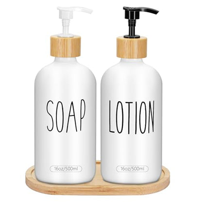 2 Pack 16 Oz Glass Soap Dispenser Set with Tray, Hand Dish Soap Dispenser Set for Bathroom and Kitchen Bottle Dispenser with Dish Soap, Hand Soap, Lotion (White（Soap） White (Lotion)) - color: White（soap）white (Lotion)