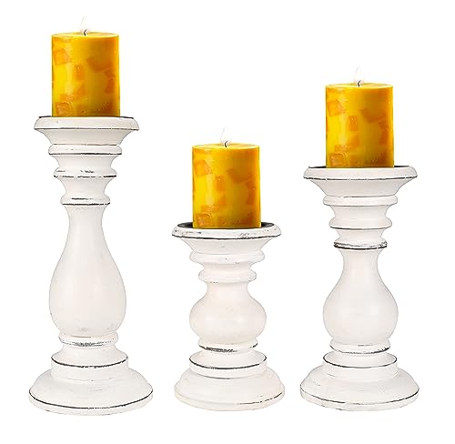 Decorative Wooden Candle Holders Set of 3, White Antique Mango Wood Pillar Candle Stands for Farmhouse Home Décor, Rustic Table Centerpiece for Wedding, Dining Table & Living Room, 10", 8" & 6" Tall - color: White Antique, size: 10"+8"+6" - High