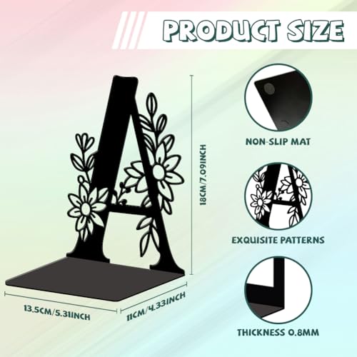 5.3"x4.3"x7.1" Metal Bookends, Heavy Duty Book Ends for Shelves | Letter A with Flower Theme Cast Iron Book Supports, 1 Pair Decor Stoppers for Desk, Library, Office & Home Shelves - style: Letter A with Flower