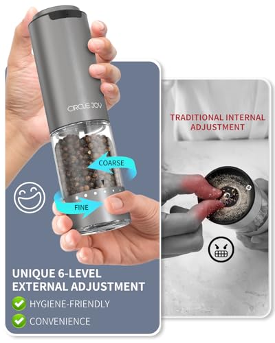 CIRCLE JOY Rechargeable Electric Salt and Pepper Grinder Set with Base, Aluminum Alloy Pepper Mills with 95ml Container, White LED Light and External Adjustable Coarseness, Space Grey - color: Rechargeable Aluminum Set with Base