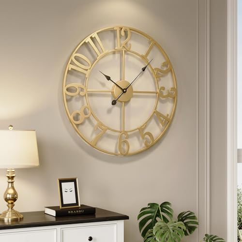Large Wall Clock Gold Clocks for Living Room, 24 Inch Decorative Wall Clocks Battery-Operated, Modern Metal Round Clock Silent Non Ticking for Kitchen Mantel Bedroom Office Decor, Arabic Numerals - color: Gold Arabic Number, size: 24 Inch