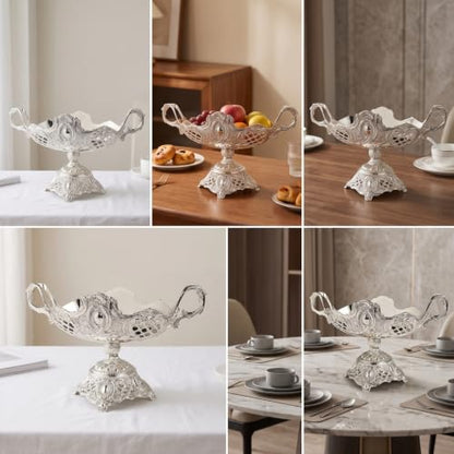 Qianly Metal Serving Tray with Handles Silver Tone Serving Tray with Handles Decorative for Hosts, Home Stylists, Afternoon Tea, Weddings, Dining Table, Gondola High Fruit Plate