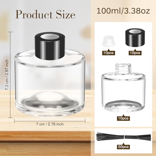 10 Set Reed Diffuser Bottles, 100ml Glass Jars with Stick, Clear | Empty Glass Bottles, Refillable Fragrance, Black Caps, Inner Stoppers, for DIY Scent Blends, Living Room Home, No Oils - color: Clear