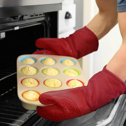 BPA-Free Silicone Oven Mitts Ultra Heat Resistant up to 500°F - Oven Mitts with Thick Cotton Liner - Long Slip Resistant Pot Holders, Flexible Oven Gloves - Empire Red 13.7 - color: Empire Red, size: 2-Piece 13.7" Oven Mitts
