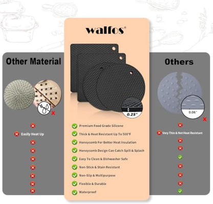 Walfos Silicone Trivet Mats - 4 Heat Resistant Pot Holders, Multipurpose Non-Slip Hot Pads for Kitchen Potholders, Hot Dishers, Jar Opener, Spoon Holder, Food Grade Silicone & BPA Free (Black) - style: 7.1+7in, 4 Black Round + Square