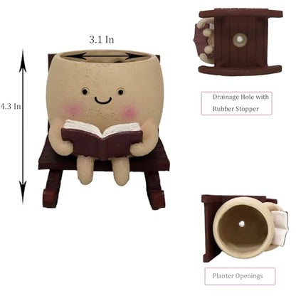 Dolkgy Cute Face Planters Succulent Pots, Funny Rocking Chair Reading Head Flower Planter Cactus Pot with Drainage Hole for Indoor Outdoor Plants, Unique Plant Lover Gifts - color: Khaki Chair Planter