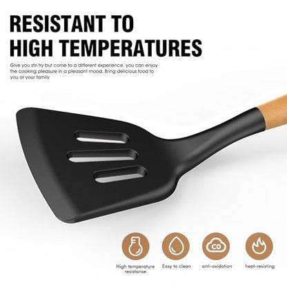 Silicone Cooking Utensils Set - AVGPD Silicone Kitchen Utensils for Cooking Wooden Handles, 446°F Heat Resistant Kitchen Utensil Spatula Sets, Gadgets for Non-Stick Cookware BPA FREE (Black) - color: Black