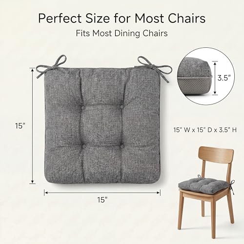 Chair Cushions for Dining Chairs Set of 4, 15.5" x 15.5" x 3.5" Kitchen Chair Cushions with Ties, Upgraded Silicone Non-Slip Bottom, Premium Shredded Memory Foam Chair Pads, Grey - color: Dark Grey