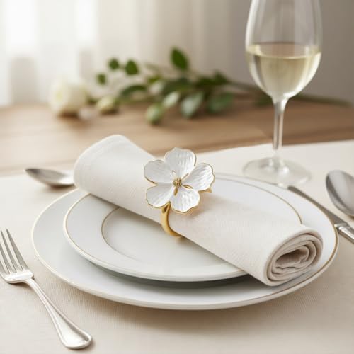 6 Pcs Napkin Rings, Flower Napkin Rings Holder Floral Table Setting Decoration for Table Settings, Glossy Serviette Buckles Decor (White)
