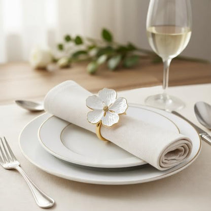 6 Pcs Napkin Rings, Flower Napkin Rings Holder Floral Table Setting Decoration for Table Settings, Glossy Serviette Buckles Decor (White)