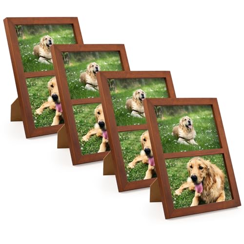Golden State Art, 5x7 Double Picture Frame, Displays Two 5x7 Photos(Brown) | Solid Wood - Real Glass For Tabletop Or Wall Mounting (Brown, 4 Pack) - color: Brown, size: 2 Openings 5x7 (4 Pack)