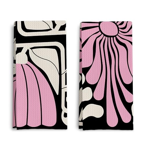 Abstract Boho Pink and Beige Floral Kitchen Towels Set of 2, Retro 70s Groovy Floral Hand Towels for Bathroom Decor, Modern Minimalist Botanical Dish Tea Towels for Kitchen Decor, 16x24 Inch - color: Boho Pink and Green