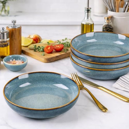 GBhome 8.75'' Large Ceramic Pasta Bowls, 38oz Stoneware Pasta Serving Bowls Set of 4 for Kitchen, Wide Bowls for Fruit,Pasta,Salad,Oatmeal,Meal, Microwave Safe, Reactive Glaze-Space Blue - color: Space Blue