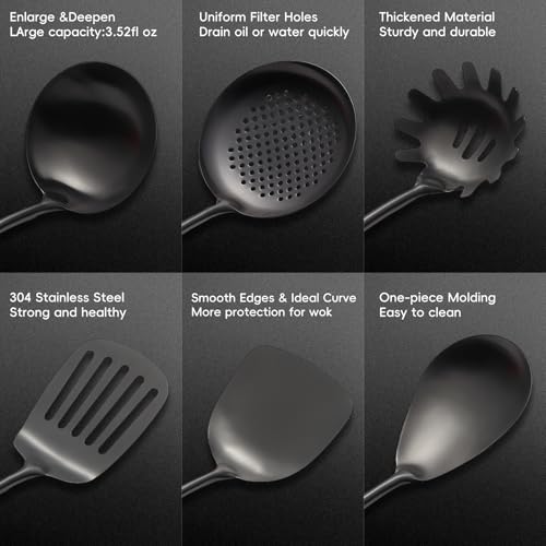 Izurok18/10 Stainless Steel Kitchen Utensils Set,10 Piece Cooking Utensils With Wood Handle,Heat Resistant Kitchen Tool Set With Spatula,Spoon,Ladle,Skimmer,Slotted Turners,Pasta,Turner,Ladl,Fork - color: BLACK-10 Pieces, size: Large