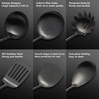 Izurok18/10 Stainless Steel Kitchen Utensils Set,10 Piece Cooking Utensils With Wood Handle,Heat Resistant Kitchen Tool Set With Spatula,Spoon,Ladle,Skimmer,Slotted Turners,Pasta,Turner,Ladl,Fork - color: BLACK-10 Pieces, size: Large