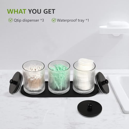 3 Pack Qtip Holder - Bathroom Organizers and Storage, Cotton Round Holder Floss Pick Cotton Ball Swab Holder with Tray, Glass Apothecary Jars with Lids Container Set -sw clear b