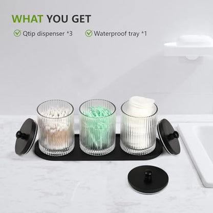 3 Pack Qtip Holder - Bathroom Organizers and Storage, Cotton Round Holder Floss Pick Cotton Ball Swab Holder with Tray, Glass Apothecary Jars with Lids Container Set -sw clear b