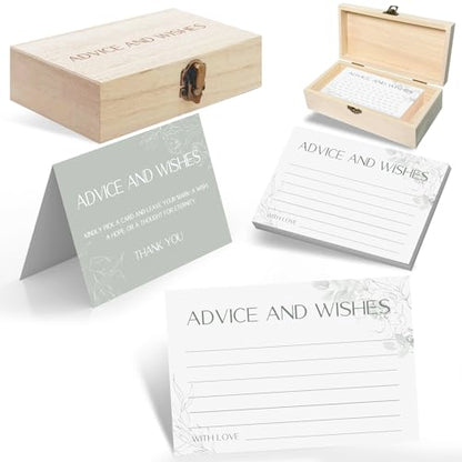 Advice and Wishes for Mr and Mrs - 60 Sage Green Floral Wedding Cards with Wooden Keepsake Box - Elegant Bridal Shower, Anniversary and Graduation Message Set - color: GREENFLORAL