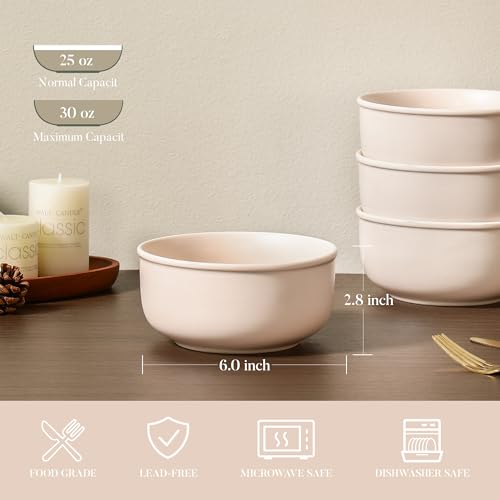 GZG 6-Inch Ceramic Cereal Bowls Set of 4, Cream Mist | Rustic Matte Glazed Stoneware, For Cereal, Soup, Salad & Snacks, 30 oz Capacity, Microwave & Dishwasher Safe - color: Cream Mist, size: 4 pcs Bowl Set