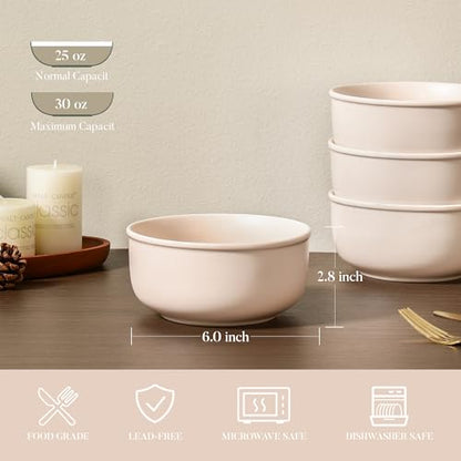 GZG 6-Inch Ceramic Cereal Bowls Set of 4, Cream Mist | Rustic Matte Glazed Stoneware, For Cereal, Soup, Salad & Snacks, 30 oz Capacity, Microwave & Dishwasher Safe - color: Cream Mist, size: 4 pcs Bowl Set