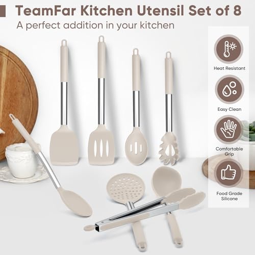 TeamFar Kitchen Utensils Set of 8, Silicone Utensils Kitchen Tools Set | with Stainless Steel Handle, for Frying Serving Flipping Draining, Non-toxic & Heatproof, Nonstick & Dishwasher Safe - Khaki - color: Khaki