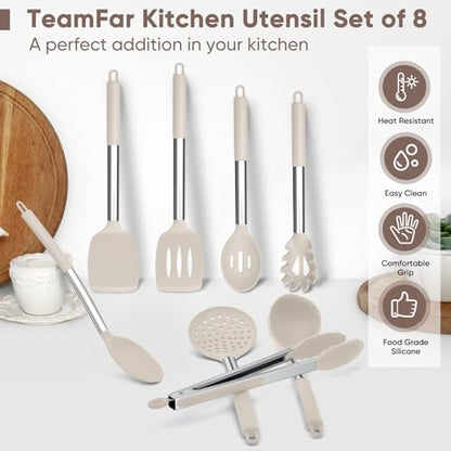 TeamFar Kitchen Utensils Set of 8, Silicone Utensils Kitchen Tools Set | with Stainless Steel Handle, for Frying Serving Flipping Draining, Non-toxic & Heatproof, Nonstick & Dishwasher Safe - Khaki - color: Khaki