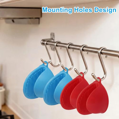 Silicone Oven Mitts Mini, 2 Pairs Heat Resistant Finger Oven Mitts, Non-Slip Silicone Gloves for Kitchen Cooking & Baking, Small Potholders for Air Fryer Grill (Red & Blue) - color: Blue\red